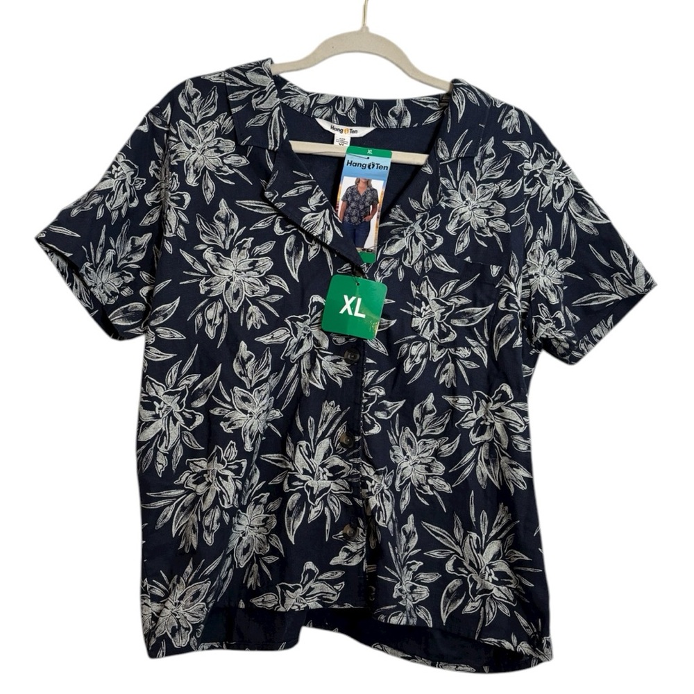 Hang Ten Ladies' Linen Blend Button-Up Shirt, Navy XL